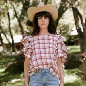 THE GREAT. Whisper Shirt Brick Red Plaid Gingham Size 0/XS